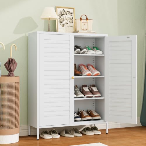 Metal Shoe Cabinet with 4-Tier & 3 Adjustable Shelves | 40” Tall White Freestanding Shoe Storage Organizer with Louvered Doors, Shoe Rack for Entryway, Hallway, Front Door