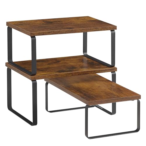 SONGMICS Cabinet Organizer Shelf, Set of 3 Kitchen Counter Shelves, Kitchen Storage, Spice Rack, Stackable, Expandable, Rustic Brown and Matte Black UKCS220K02 - color: Rustic Brown + Matte Black
