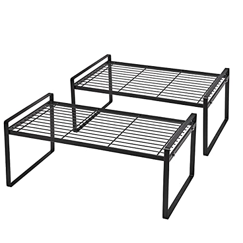 Shantton 2Pack Cabinet Shelf Organizer Storage Rack Space Saving for Kitchen Counter Pantry Bathroom Cupboard Under Sink Office Table Desk Steel Stackable Rust Resistant Heavy Duty Nonslip 16” Black - color: Black, size: L16" W8.3" H7.3"