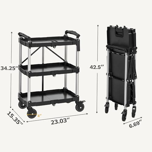 DWVO 3-Tier Foldable Service Cart with Swivel Wheels & Brake, 350LBS | Folding Utility Cart Heavy Duty Collapsible Rolling Cart, 350LBS Portable Utility Cart for Kitchen, Warehouse, Garage - size: 350 LBS