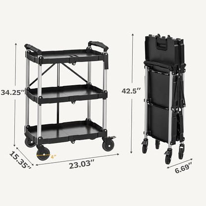 DWVO 3-Tier Foldable Service Cart with Swivel Wheels & Brake, 350LBS | Folding Utility Cart Heavy Duty Collapsible Rolling Cart, 350LBS Portable Utility Cart for Kitchen, Warehouse, Garage - size: 350 LBS