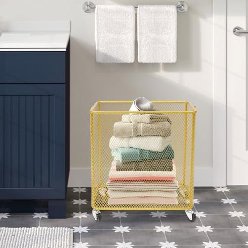 Wire Metal Rolling Laundry Basket On Wheels,Gold Mesh Wire Laundry Basket Storage Cart for Bathroom Bedroom Dirty Clothes Storage (I) - size: I