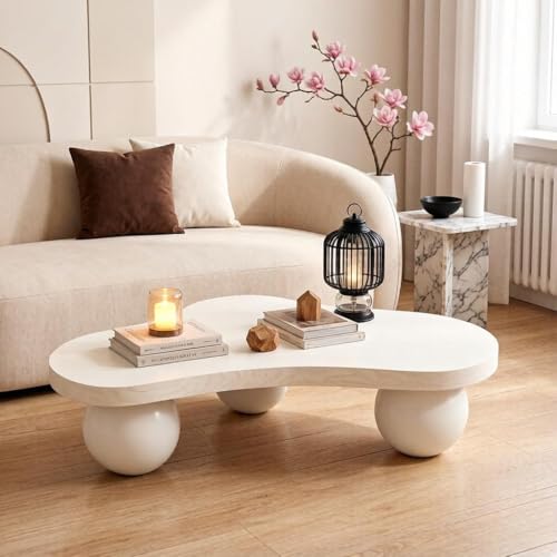 46" Cloud Coffee Table with 3 Ball Legs, Modern Irregular Center Table for Living Room, Low Cute Small MDF Tea Table for Bedroom, Space Apartment Cream White - color: Cloud-46"cream White