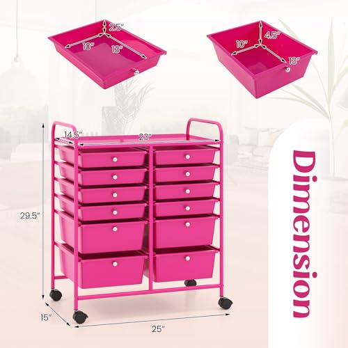 Moccha 12-Drawer Rolling Storage Cart - Utility Cart on Wheels with Lockable Casters for Craft Art Supply Paper Salon, Mobile Drawer Carts for Classroom Teacher School Office (Hot Pink) - color: Hot Pink, style: 12 Drawers