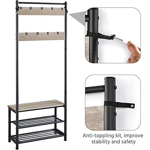 Yaheetech 3-in-1 Hall Tree Bench and Shoe Storage, Entryway Coat Rack, Gray | Easy setup, 275-lb metal-frame bench, 9 movable hooks, 2-tier shoe rack, fits narrow apartment entryways and hallways - color: Grey, size: 28.5'' W