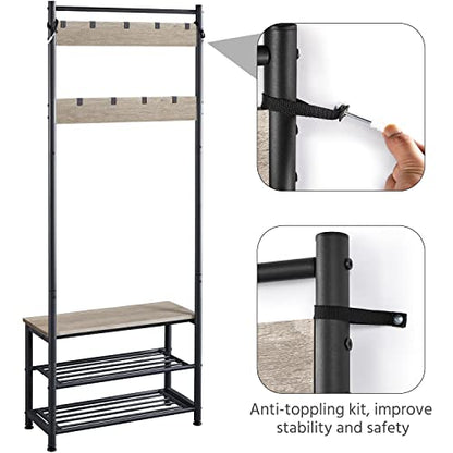 Yaheetech 3-in-1 Hall Tree Bench and Shoe Storage, Entryway Coat Rack, Gray | Easy setup, 275-lb metal-frame bench, 9 movable hooks, 2-tier shoe rack, fits narrow apartment entryways and hallways - color: Grey, size: 28.5'' W