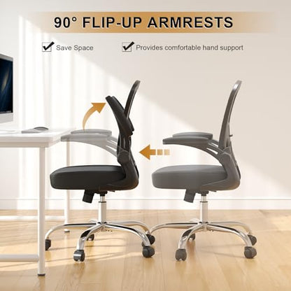 Office Chair, Ergonomic Desk Chairs 330LBS Capacity High Back Mesh Computer Chair with Flip-up Armrests, Comfy Work Chair with Adjustable Lumbar Support, Rolling Chair - color: Black-chrome