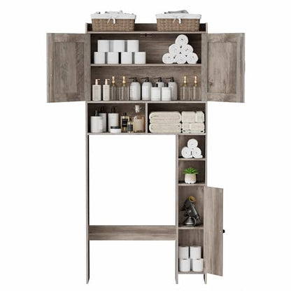 Homhedy Wooden Over The Toilet Storage Cabinet with Barn Door | Freestanding Bathroom Storage, Toilet Paper Holder, Adjustable Shelf,Space-Saving, Farmhouse Style, Greige - color: Greige