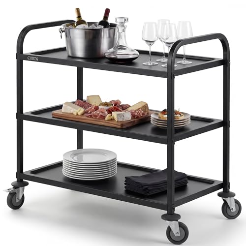 CURTA Black Stainless Steel Serving Cart, 3-Tier Rolling Utility Trolley (38"x20"x37"), Heavy Duty Painted Kitchen Cart on Wheels with Brakes, Commercial Grade for Restaurant, Hotel, Salon & Lab - color: Xl(black): 38(l) X 20(w) X 37(h) Inch