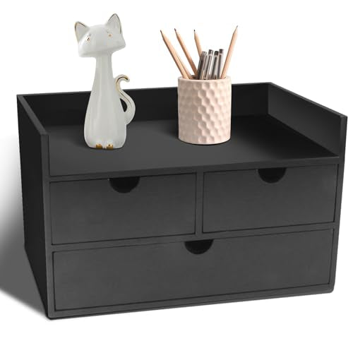 Charmewooden Bamboo Desk Organizer 3 Drawer with Shelf, Countertop Organizer with Drawers Makeup Storage Drawer 3 Drawers Tabletop Storage Organization Box Home Office Workspace（Black） - color: Black With Shelf