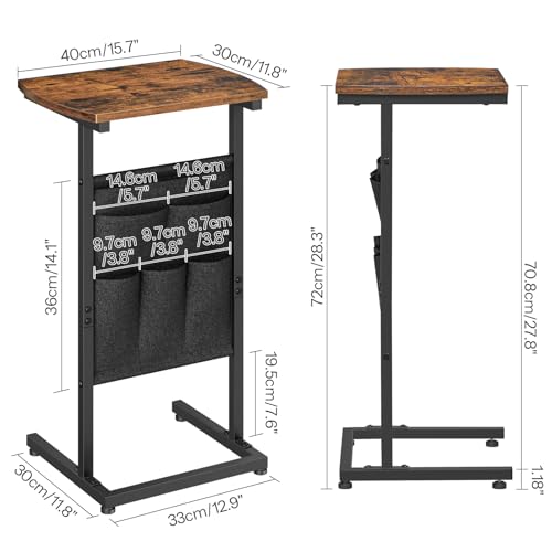 HOOBRO C Shaped End Table, 28.3" Side Table for Small Spaces, Couch Table, Slide Under Sofa Tray Table, Storage Bag, for Living Room, Bedroom, Rustic Brown and Black BF40SF01 - color: Rustic Brown + Black