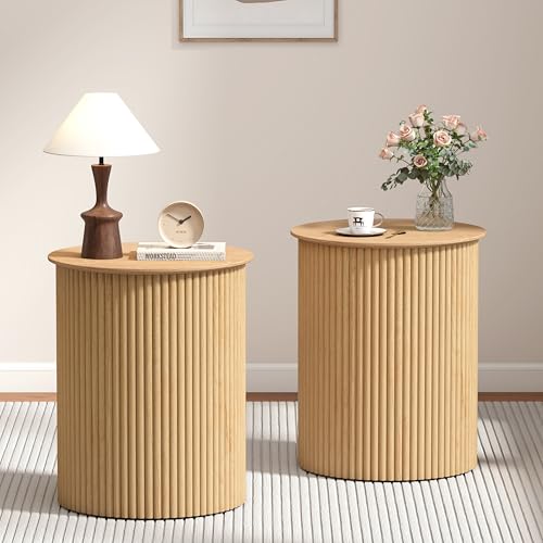 AVZEAR Small Round Side Table Fluted Night Stand Set of 2, Modern Boho End Table with Storage, 17.7" Circle Bedside Tables Wood Nightstands for Small Spaces, Living Room, Bedroom (Natural) - color: Nature, size: 17.7"D x 17.7"W x 21.6"H