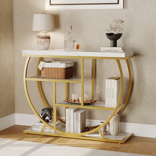 Garvee Entryway Table with Storage, Industrial 4-Tier Narrow Console Table Behind Couch with Half-Circle Base & Storage Shelves for Living Room, Hallway, Foyer - color: Gold & White