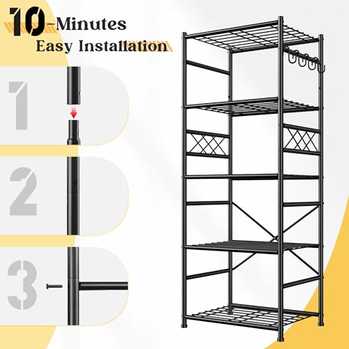 DurayLoly Metal Shelving with Hooks & Side Panel for Pantry Storage, 5-Tier | More dense wire diameters, Reinforcing Ribs, Leveling Feet, easy assembly, 550LBS Heavy Duty Shelving, Kitchen Laundry Room - size: 17.7" W x 11.81" D x 58.26" H (5T)