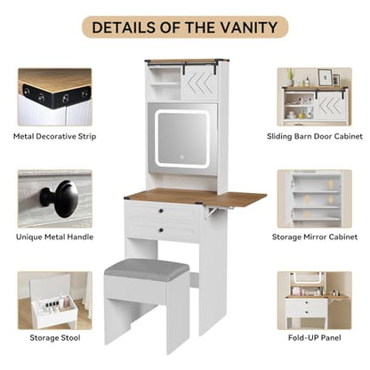 ARTETHYS Farmhouse Small Vanity Desk with Mirror Cabinet & Storage Chair | Mini Makeup Vanities Set with Fold-up Panel, White Dressing Table with 3 Adjustable Lights for Compact Space - color: White and Brown