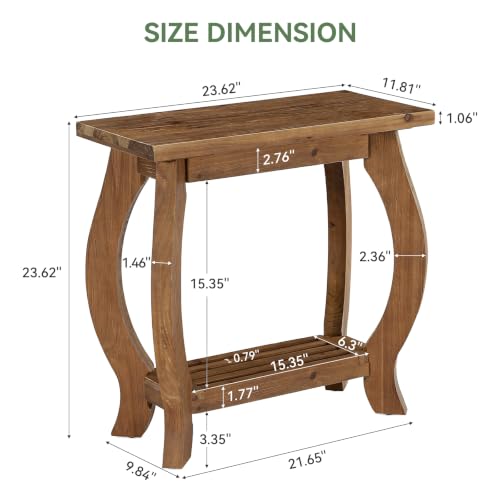 Narrow Side Table, 2-Tier Solid Wood End Table with Storage Shelf, Curved Legs Farmhouse Nightstand for Small Spaces, Bedroom, Living Room,(2,Brown)