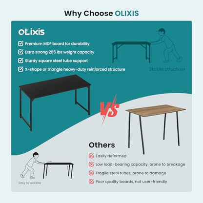 OLIXIS Home Office Computer Desk, Small Office 63-inch Writing and Study Desk, Bedroom Table with Metal Frame and Wooden Top, Compact Modern Study Table for Home Use, Black - color: Black, size: 63-In