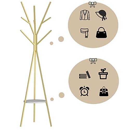 HOME BI Coat Rack Hat Stand Free Standing Display Hall Tree Metal Hat Hanger Garment Storage Holder with 9 Hooks for Clothes Hats and Scarves in Gold,17.72" Wx17.72 Dx70.87 - color: Gold