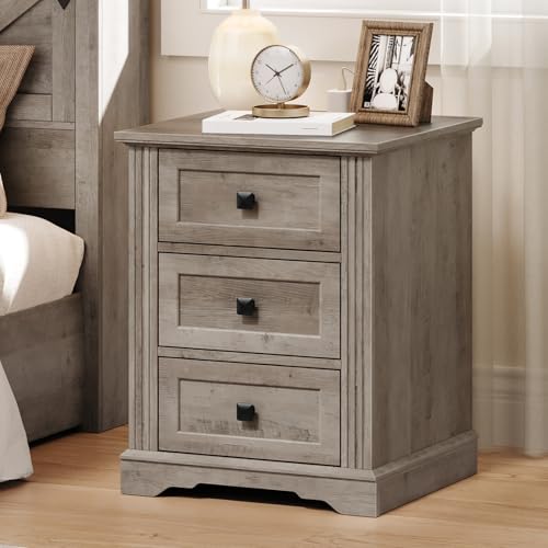 Night Stand with 3 Drawers, 18 Inch Wide End Table with Charging Station, Farmhouse Nightstand, Bedside End Tables Living Room, End Tables with Storage for Bedroom, Greige - color: Greige