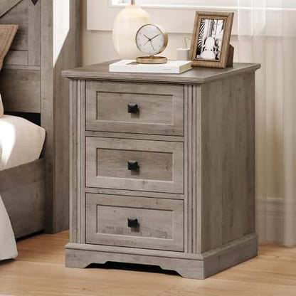Night Stand with 3 Drawers, 18 Inch Wide End Table with Charging Station, Farmhouse Nightstand, Bedside End Tables Living Room, End Tables with Storage for Bedroom, Greige - color: Greige
