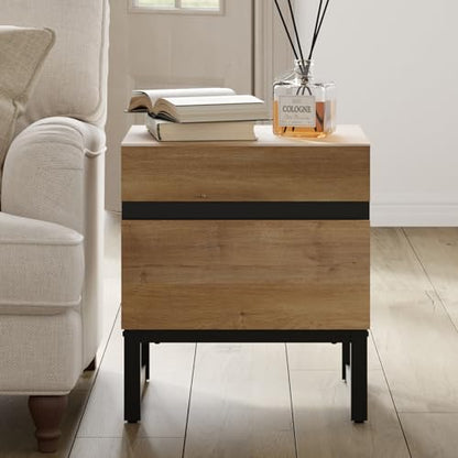 WAMPAT Modern End Table with 2 Drawers, Farmhouse Sofa Table with Black Square Iron Leg, Wood Rustic Side Table for Living Room, Nightstand for Bedroom, Oak, 17.7''L x 15.5''W x 19.8''H - color: Oak