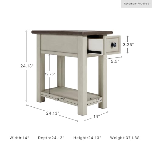 Signature Design by Ashley Bolanburg Narrow End Table, Charging Station | Slim 14-inch profile with USB charging, Wood, White oak veneers and engineered wood, Farmhouse style for small living rooms - color: Dark Brown & White