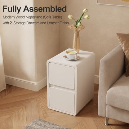 AQIMUELE Narrow Nightstand - Narrow Bedside Table with Drawers, Wood Small Nightstand with Leather Surface for Bedroom, White - 11.8" W - color: White (2 Drawers), size: 11.8"W