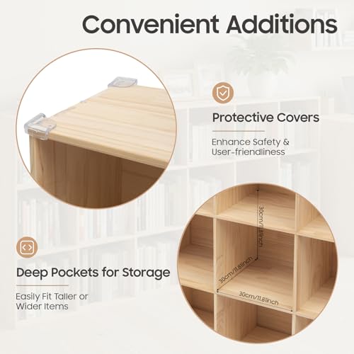 18-Cube Solid Wood Bookshelf, 3-Tier Storage Organizer Semi-Open Floor Display Shelf Closet Cabinet for Home Office Library School, 12" D x 71" W x 35" H - size: 18-Cube