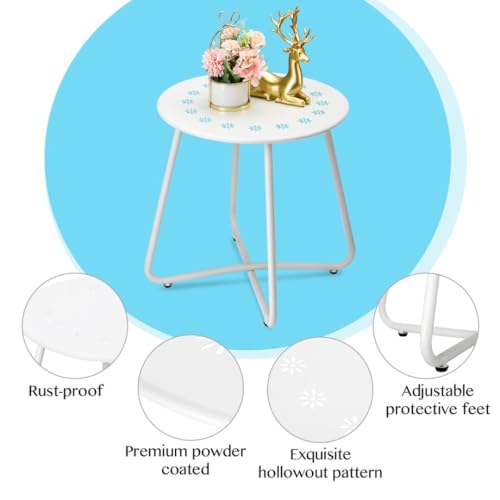 danpinera Outdoor Side Tables with Flower Cut Outs, Weather Resistant Steel Patio Side Table, Small Round Outdoor End Table Metal Side Table for Patio Yard Balcony Garden White - color: White