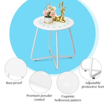 danpinera Outdoor Side Tables with Flower Cut Outs, Weather Resistant Steel Patio Side Table, Small Round Outdoor End Table Metal Side Table for Patio Yard Balcony Garden White - color: White