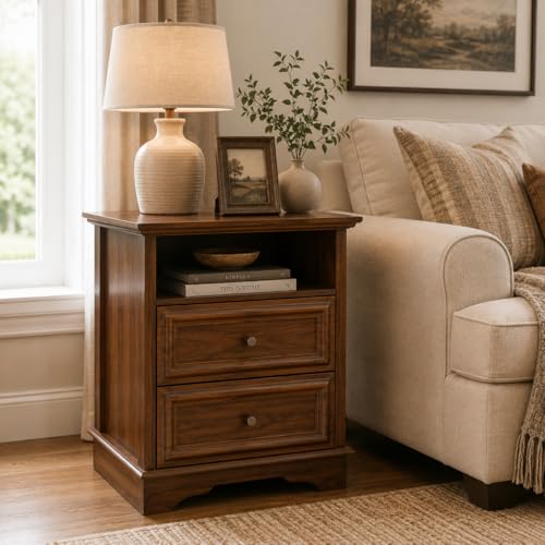 Brafab Bedside Table Set of 2 with Hidden Drawer, 25" Tall | Walnut Night Stand with 2 Drawers and Open Shelf, Classic Wood Night Stands with Secret Storage for Bedroom, Guest Room - color: Walnut