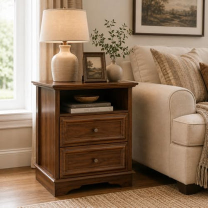 Brafab Bedside Table Set of 2 with Hidden Drawer, 25" Tall | Walnut Night Stand with 2 Drawers and Open Shelf, Classic Wood Night Stands with Secret Storage for Bedroom, Guest Room - color: Walnut