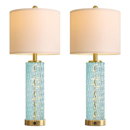 Oneach 27.75" Coastal Table Lamps Set of 2, Clear Blue Bedside Lamp with Glass Nightlight, USB A+C, Unique Desk Lamps for Living Room, Bedroom, Nightstand, End Table (2 Bulbs Included) - color: Clear Blue - White Shade