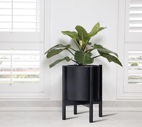 D'vine Dev Plastic Pot with Ebony Wood Stand, Black, 10 in, 55-C-N-2 | Mid-Century Inspired Design, Elevated Plant Display, Clean Lines, Sturdy Support, Modern Space-Saving Style - color: Matte Black Pot + Ebony Stand, size: 10 Inch