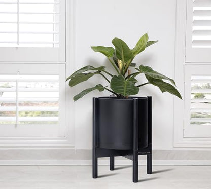 D'vine Dev Plastic Pot with Ebony Wood Stand, Black, 10 in, 55-C-N-2 | Mid-Century Inspired Design, Elevated Plant Display, Clean Lines, Sturdy Support, Modern Space-Saving Style - color: Matte Black Pot + Ebony Stand, size: 10 Inch