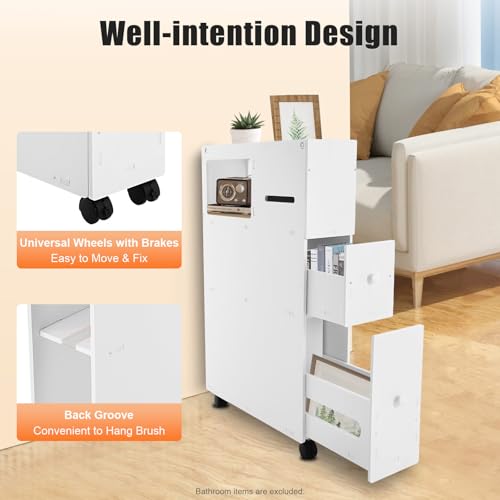 PERFERATE Slim Bathroom Storage Cabinet with Toilet Paper Holder - Narrow Slide Out Drawers Rolling Cart Organizer for Small Space for Bathroom Small Space, Toilet Corner Storage