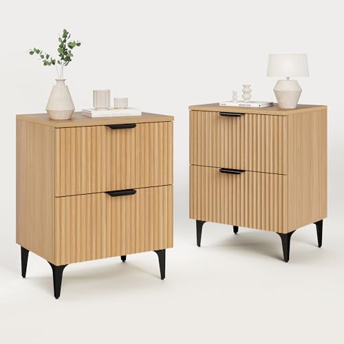 SUNWAVE Fluted Nightstand Set of 2, Modern Night Stands with 2 Drawers | Bedside Table for Twin/Full/Queen Bed, End Table with Robot-friendly Metal Legs for Bedroom, Living Room - color: 2 Drawers-2pcs-oak