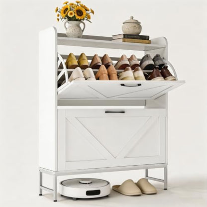 Shoe Cabinet with 2 Flip,Shoe Cabinet Storage,Shoe Organizer Cabinet,White | Hidden Wood Shoe Cabinet,reestanding Shoe Rack Cabinet for Entryway Hallway - color: White
