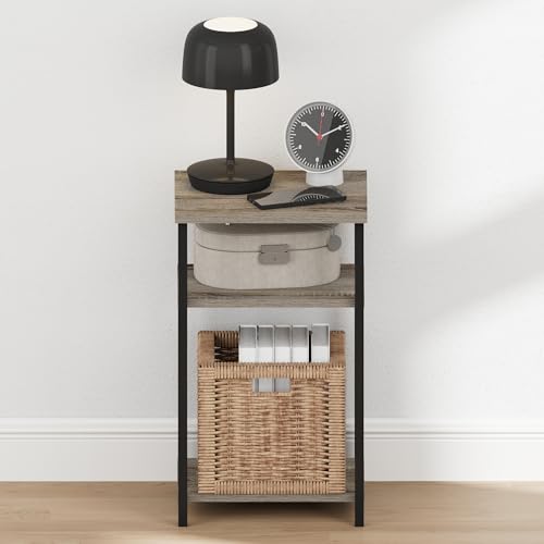 Furinno JUST Night Stand, Nightstand, 3-Tier Metal Frame End Table with Open Shelf, Side Table, End Table, for Living Room, Bedroom, French Oak - color: French Oak