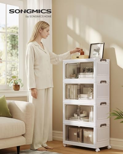 SONGMICS 58QT Plastic Storage Bins with 1 Lid, 4-Tier Stackable Bins with Doors and Wheels, Foldable Storage Boxes, for Closets, Bedroom, Living Room, Office, White URLB460WZ01 - size: 4 x 58QT