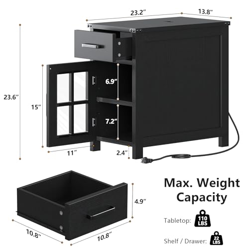 VVFLU Farmhouse End Table with Charging Station and 1 Storage Cabinet, 1 Drawer, Black Wood Nightstand Narrow, Skinny Side Table, Slim Bedside Table, Small Nightstand for Bedroom, Living Room, Sofa - color: Black/Glass