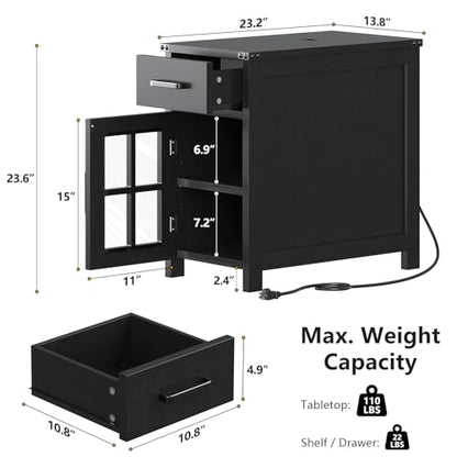 VVFLU Farmhouse End Table with Charging Station and 1 Storage Cabinet, 1 Drawer, Black Wood Nightstand Narrow, Skinny Side Table, Slim Bedside Table, Small Nightstand for Bedroom, Living Room, Sofa - color: Black/Glass