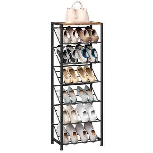 HOOBRO Narrow Shoe Rack for Small Spaces, Slanted Shoe Organizer for Entryway, Slim Angled Shoe Storage Rack for Closet, Space Saving 7 Tier Shoe Shelf Holds 6-12 Pairs, Rustic Brown BF72XJ01 - size: 7 Tier ( 45.9"H)