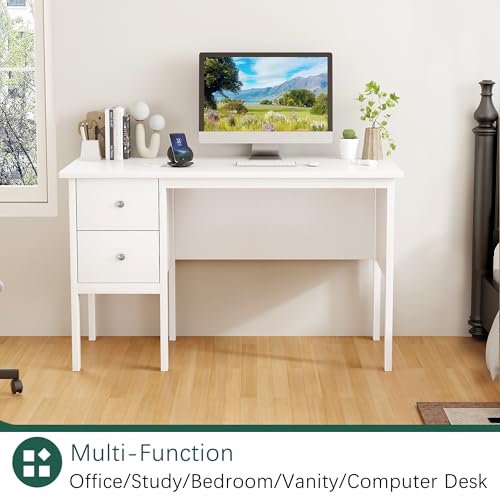 BHG Computer Desk with Drawers,Modern White Home Office Desk with Storage Filing Cabinet, Vanity Desk Makeup Dressing Table for Bedroom,Small Writing Table PC Desks for Study(White, 43.3") - color: White