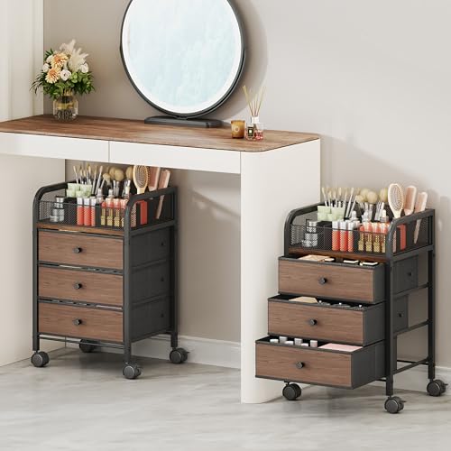 SWTYMIKI Rolling Makeup Organizer Cart - 14.96″*11.81″*23.03″ Widened Under Desk Vanity Storage with 3 Non-woven Drawers, Cosmetic Display Cases for Skin Care Perfume Nail Polish Brush Hair Tool Black - color: Black, size: XL 4-Tier
