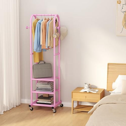 Dttwacoyh Clothing Rack with Wheels,Narrow Metal Garment Rack,Pink | Easy to install, 71.8 Inches Display Rack with 4 Side Hooks & 3 Shelves,for Small Flats, Bedroom, Entryway,Pink Clothes Rack - color: Pink