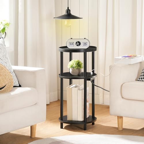 HOOBRO Set of 2 Small Round Side Tables with Charging Station, 3-Tier Round Bamboo End Tables, Easy Assembly, for Living Room, Bedroom, Apartment, Black BB152UBZP201 - color: Black
