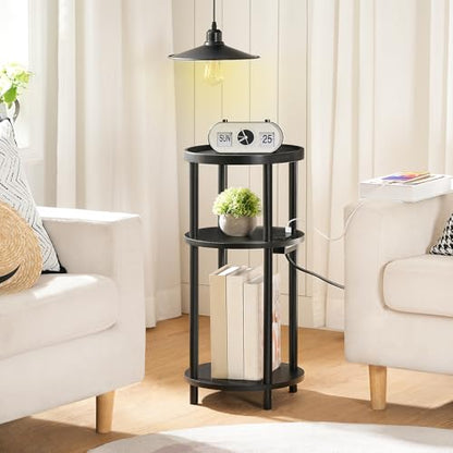 HOOBRO Set of 2 Small Round Side Tables with Charging Station, 3-Tier Round Bamboo End Tables, Easy Assembly, for Living Room, Bedroom, Apartment, Black BB152UBZP201 - color: Black
