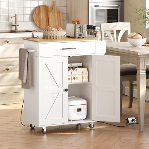 HOOBRO Kitchen Island with Power Outlet, Rolling Kitchen Island with Large Worktop, Kitchen Island Cart with Spice Rack and Drawer, Island Table for Dining Room, White and Natural WN88UZD01 - color: Natural + White