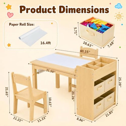 Kids Art Table & 2 Chairs Set, Wooden Activity Craft Desk w/ Paper Roll | Sturdy Wooden Table with Organizers, Open Shelves, Removable Bins, for Toddlers Art Crafts Drawing Painting Writing (Natural) - color: Natural